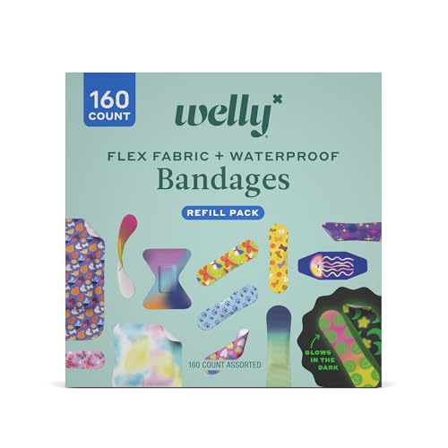 Welly Bandage Large Refill Pack | Adhesive Flexible Fabric, Glow-in-the-Dark & Waterproof Bandages | Assorted Shapes and Patterns for Minor Cuts, Scrapes, and Wounds - 160 Count - size: 160 Count (Pack of 1)
