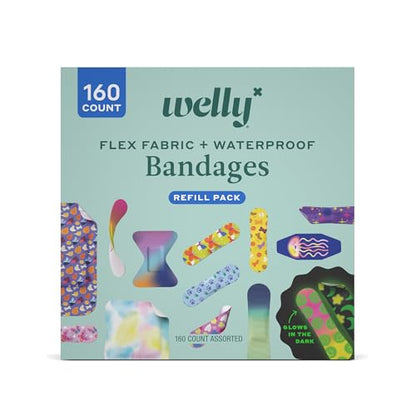 Welly Bandage Large Refill Pack | Adhesive Flexible Fabric, Glow-in-the-Dark & Waterproof Bandages | Assorted Shapes and Patterns for Minor Cuts, Scrapes, and Wounds - 160 Count - size: 160 Count (Pack of 1)