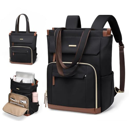 Convertible Daypack Laptop Backpack for Women Men Carry on Tote Backpack Bookbag for College Work Nurse Travel,16Inch,Black - color: Black Brown