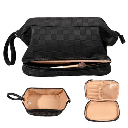 Abiudeng Large Capacity Makeup Bag Ladies Cosmetic Bag Travel Bag with Compartments Portable PU Leather Travel Makeup Bag with Handle - color: Checkerboard-Black