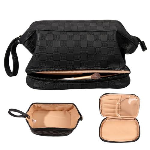 Abiudeng Large Capacity Makeup Bag Ladies Cosmetic Bag Travel Bag with Compartments Portable PU Leather Travel Makeup Bag with Handle - color: Checkerboard-Black