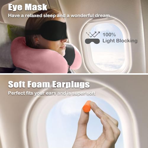 Travel Pillow, Memory Foam Neck Pillow for Traveling, U Shape Neck Pillow Airplane Portable Flight Pillow Travel Kit with 4D Contoured Eye Masks and Earplug for Plane Train Car Home Office - Pink - color: Pink
