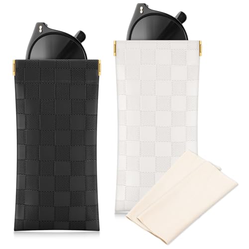 Sightor Sunglasses Case, 2 Pcs Soft Eyeglass Cases Checkered Sunglass Case Portable Squeeze Top Leather Glasses Pouch - color: Black, White