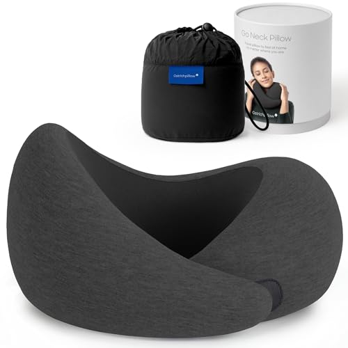 Ostrichpillow Go Neck Pillow, Travel Pillows for Airplanes, Premium Memory Foam Travel Pillow, 360º Ergonomic Design, Asymmetrical Sides, Travel Bag Included, Washable Modal Cover - color: Dark Night
