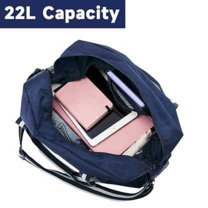 Arxus Foldable Tote Bag for Travel Expandable Lightweight Carry On Luggage 22L Packable Duffle Bag for Traveling - color: Navy Blue