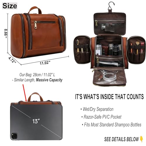 EURYNOME Leather Toiletry Bag For Men Women,Full Grain Leather Toiletries Organizer,Travel Hanging Toiletry Bag Large Water-resistant Bathroom Shaving Kit for Cosmetics, Makeup Case Travel Dopp Kit - color: Brown