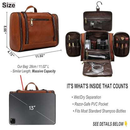 EURYNOME Leather Toiletry Bag For Men Women,Full Grain Leather Toiletries Organizer,Travel Hanging Toiletry Bag Large Water-resistant Bathroom Shaving Kit for Cosmetics, Makeup Case Travel Dopp Kit - color: Brown