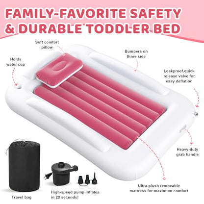 Inflatable Toddler Travel Bed - 60 Inches Portable Toddler Bed for Travel with Safety Sides - Cozy Kids Air Mattress Set with High-Speed Pump & Carry Case - Lightweight & Easy to Inflate(Pink) - color: Pink