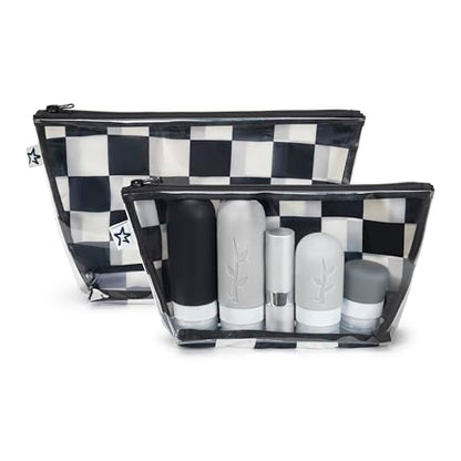 Tiny Twinkle Diaper Bag Organizing Pouches | 2 Pack Mess-Proof Travel Organizer Bags with Structured Bottom & Clear Front | TSA Approved Toiletry Bag Set for Baby and Mom Essentials (Black Checkers) - color: Black Checkers