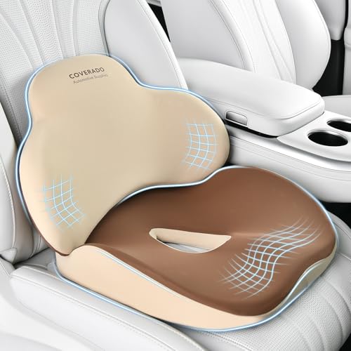 Coverado Car Seat Cushion and Lumbar Support Pillow, Memory Foam Ergonomic Back Support Driving Seat Cushion for Sciatica, Tailbone, Back Pain, Non-Slip Washable Cushion for Car, Driver, Office - color: Beige, size: 2 Pieces