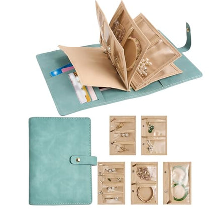 Travel Jewelry Binder Organizer Ring Binders - Jewelry Boxes PU Leather Case with Zipper Velvet Jewelry Pouch Bags for Daily Use & Gifting - Mint Green - color: Flatpattern_mint Green