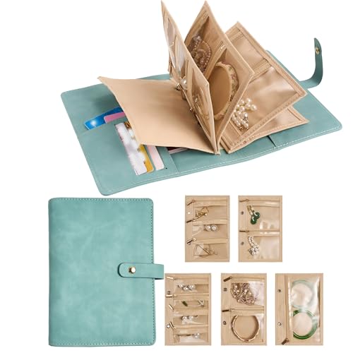 Travel Jewelry Binder Organizer Ring Binders - Jewelry Boxes PU Leather Case with Zipper Velvet Jewelry Pouch Bags for Daily Use & Gifting - Mint Green - color: Flatpattern_mint Green