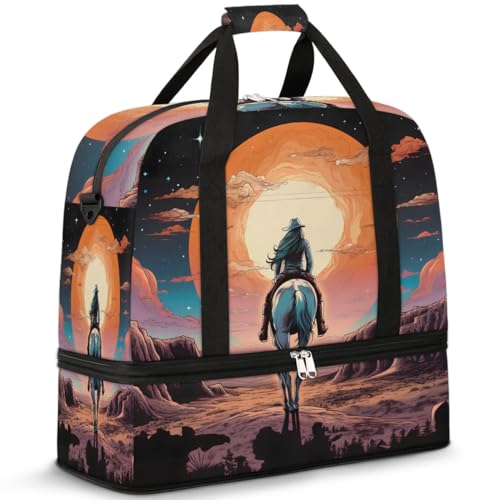 Travel Duffle Bags With Shoes Compartment for Women Men Vintage Painting Sun Horse Lightweigh Sports Tote Gym Bag Foldable Canvas Weekender Overnight Carry On Luggage Handle Bag - color: A10:print 13