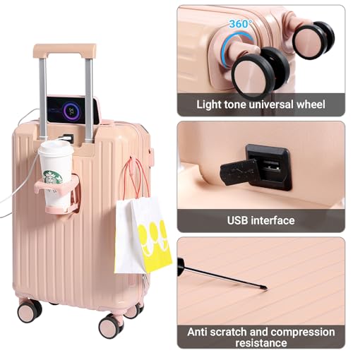 Carry-on Luggage with Cup Holder & USB Charging Port, Hard Side Luggage with Spinner Wheels, Lightweight Luggage for Travel, Business (Pink, Carry-On 20-Inch) - color: Pink
