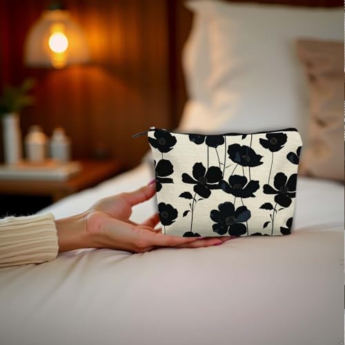 Boho Black and Beige Floral Makeup Cosmetic Bag for Women, Black and White Modern Botanical Flower Aesthetic Portable Travel Toiletry Bag Zipper Makeup Pouch - color: Flower four