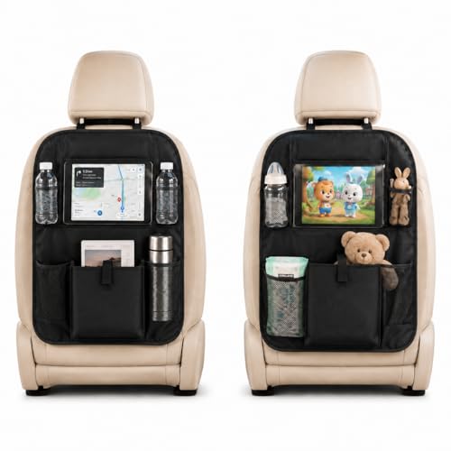 Car Backseat Organizer with 12 Storage Pockets, 12" Touch Screen Tablet Holder, Waterproof Kick Mats Seat Protector, Car Organizers and Storage for Kids, Road Trip Essentials（2 Pack，Black）