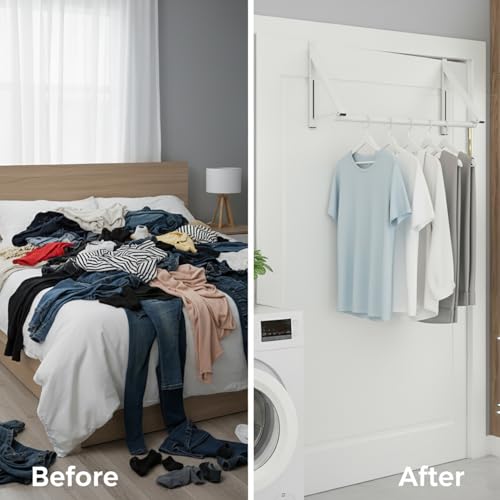 Over The Door Clothes Hanger Rack Foldable Space-Saving Over The Door Hooks for Laundry Drying Bathroom Towels & Home Office(White)