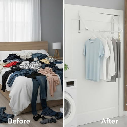 Over The Door Clothes Hanger Rack Foldable Space-Saving Over The Door Hooks for Laundry Drying Bathroom Towels & Home Office(White)