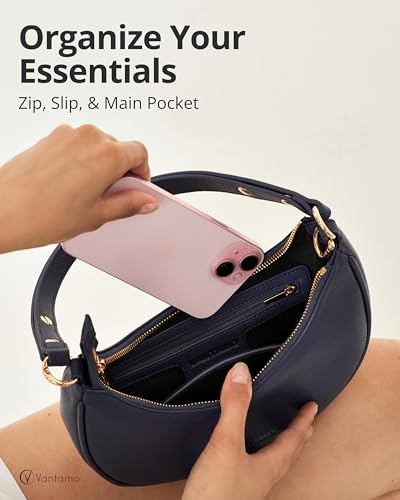 Vantamo Crescent Bags For Women with RFID Protection, Half Moon Clutch Purses for Women with Anti-Theft Clip for Extra Safety - color: Navy Purple