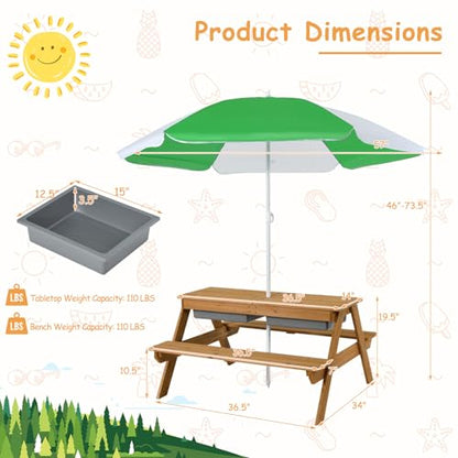 HONEY JOY Kids Picnic Table, 4 in 1 Cedar Wooden Sand & Water Table w/ 2 Removable Box & Umbrella, Kids Picnic Tables for Outdoors Backyard Garden, Toddler Patio Furniture Set for Boys Girls(Natural) - color: Natural