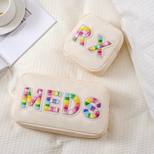 uekeboag Personalized Small Canvas Medicine Cosmetic Bag, Cute Plaid Pattern Chenille Letter Patch RX Drug Pouch with Zipper, Makeup Travel Gift Bag for Women and Girls (11Beige Canvas) - color: 11Beige Canvas