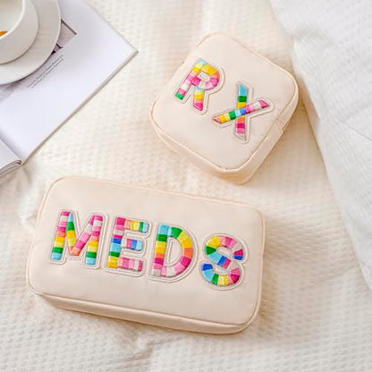 uekeboag Personalized Small Canvas Medicine Cosmetic Bag, Cute Plaid Pattern Chenille Letter Patch RX Drug Pouch with Zipper, Makeup Travel Gift Bag for Women and Girls (11Beige Canvas) - color: 11Beige Canvas