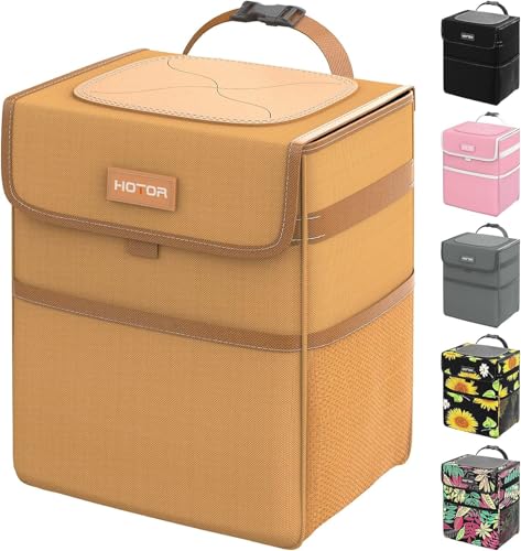 HOTOR Car Trash Can with Lid, Brown Trash Bag Hanging with Storage Pockets, 100% Leak-Proof Garbage Can with Adjustable Straps, Magnetic Snaps, Waterproof Interior Car Bin - color: Brown, size: 2 Gallons