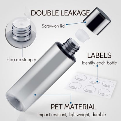 150ML/5OZ Travel Size Toiletries, 6 Pack Travel Size Containers, Leak Proof Plastic Bottles for Shampoo, Lotion, Body Wash with 6pcs Labels - color: Grey, size: 150ml(6pcs)