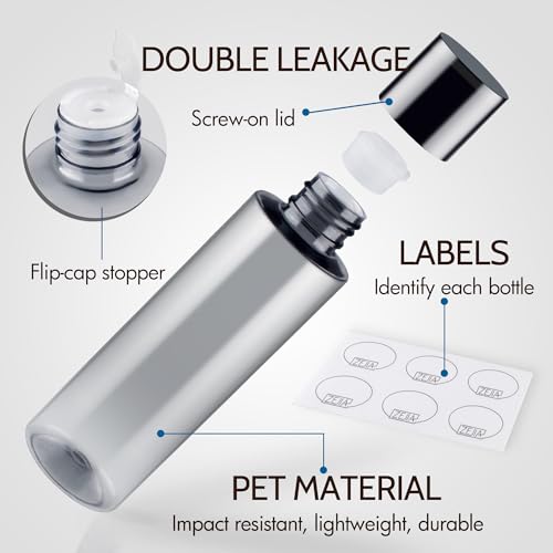 200ML/6.8OZ Travel Size Toiletries, 3 Pack Travel Size Containers, Leak Proof Plastic Bottles for Shampoo, Lotion, Body Wash with 6pcs Labels - color: Grey, size: 200ml(3pcs)