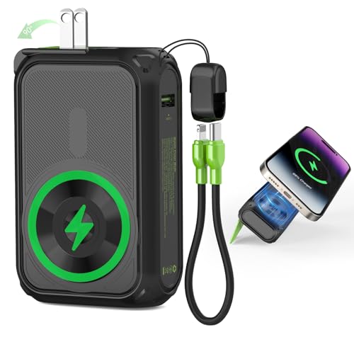 P05 Magnetic Portable Charger, 20000mAh Wireless Power Bank with AC Wall Plug Built in Cable, 6-in-1 Power Bank Travel Essentials 22.5W Fast Charging for iPhone,Samsung,Andriod,Small Portable Charger - color: Black2W