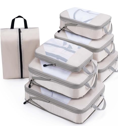 Meowoo 7 Set Compression Packing Cubes for Travel, Durable Ripstop Mesh Suitcase Organizer with Shoe Bag, Ultralight & Expandable Space Saver Travel Cubes - color: Beige