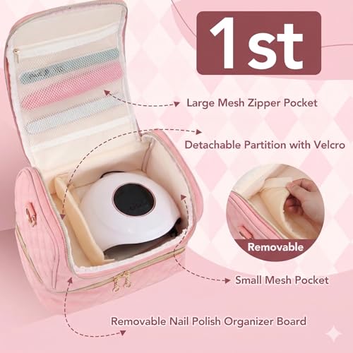 BAGCRAZY Nail Polish Organizer Case, Double Layer Nail Supplies Storage Bag holds 24 Bottles & UV/LED Lamp, Quilted Portable Manicure Travel Case with 8 Pcs Tools, for Nail Tech, Home & Salon, Pink - color: Pink