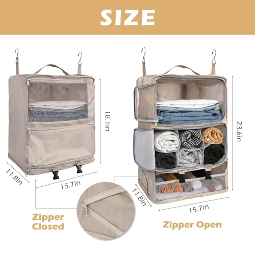 Surblue Hanging Shelves Travel Compression Packing Cube for Carry-on Luggage Suitcase Collapsible Transformable Garment Closet Organizers Large Capacity, Beige, XXL - color: Beige, size: XXL_14.96*11.47*22.83in