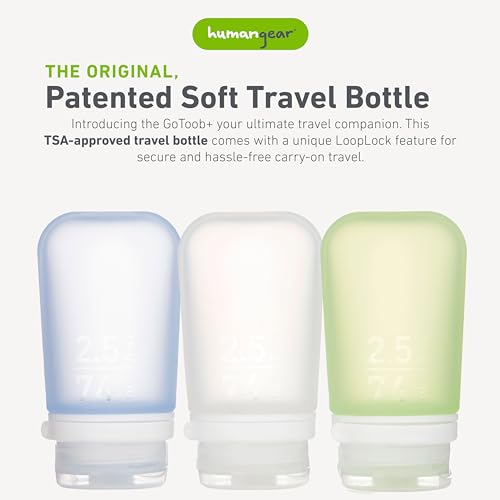 humangear GoToob+ Bottles - Silicone Leak-Proof Travel Tubes for Toiletries, Camping & TSA Carry-On (3-Pack), Medium (2.5 fl oz; 74ml), Clear/Green/Blue - color: Clear/Green/Blue, size: 2.5 Ounces