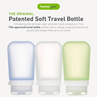 humangear GoToob+ Bottles - Silicone Leak-Proof Travel Tubes for Toiletries, Camping & TSA Carry-On (3-Pack), Medium (2.5 fl oz; 74ml), Clear/Green/Blue - color: Clear/Green/Blue, size: 2.5 Ounces