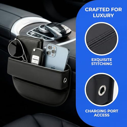 Car Seat Gap Filler Organizer, Multifunctional Auto Console Side Storage Box with Cup Holders & Phone Holder, Premium PU Leather Car Front Seat Organizer for Drinks, Sunglasses, Keys, 2 Pack Black
