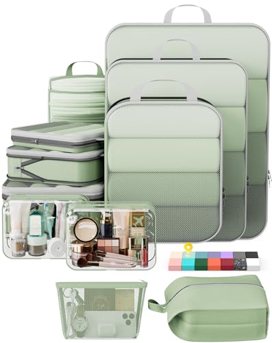 Veken 11-Pack Compression Packing Cubes for Travel Essentials,Compressible Expandable Large Luggage Suitcase Organizer Bags for Clothing,Durable Space Saver Bags with Toiletry Bags(Matcha Green) - color: Matcha Green, size: 11 set