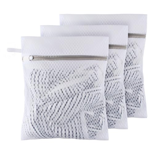 Small Honeycomb Lingerie Bags with Hanging Loop- MDSXO 3 Pack Mesh Laundry Bags for Washing Delicates, White Wash Bags for Socks, Bra, Mask, Baby Clothes 10 * 12 inch [3 Pack] - size: 3S(with Loop)