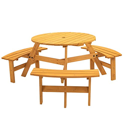 6 Person Circular Outdoor Wooden Picnic Table Sets for Patio Backyard Garden DIY w/3 Built-in Benches 1720lb Capacity, Natural - color: Natural-6-round