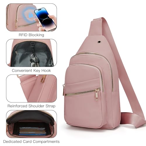 Small RFID Waterproof Travel Crossbody Sling Bags for Women Men, Hands Free Lightweight Sling Backpack Fanny Pack Cross Body Bag for Outdoors Hiking Traveling Fitness Commuting Leisure Pink - color: Pink