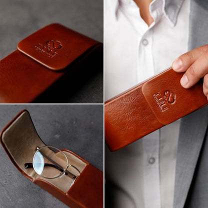 Time Resistance Leather Glasses Case - Hard Shell Leather Glasses Case - Made in Italy - color: Cognac