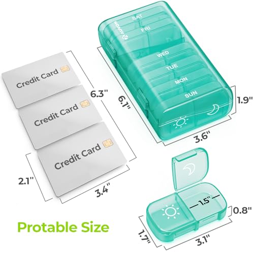 AUVON XL Weekly Pill Organizer 2 Times a Day, Pill Box 7 Day with One-Side Large Openings for Easy to Use, Cyan AM PM Pill Case for Medication, Vitamins, Fish Oils, Supplements - color: Cyan