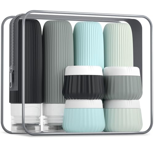 Mrsdry Travel Bottles - 8 Pack, TSA Approved Travel Size Toiletries, Leak Proof Silicone Squeezable Containers in Clear Bag - color: Black Gray, size: Bottle 3oz Jars 1oz