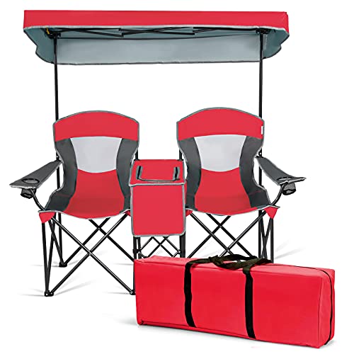 S AFSTAR Double Camping Chair w/Shade Canopy, 2-Person Folding Camp and Beach Chair with Mini Table Beverage Cup Holder Carrying Bag, Collapsible Camping Chairs for Garden Patio Pool Beach - color: Red