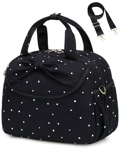 Bluboon Lunch Box for Women, Large Insulated Lunch Bag with Shoulder Strap, Adult Lunch Tote Teacher Nurse, Bow Lunch Cooler Gifts for Work Picnic Travel, Black (Black White Dots) - color: Black White Dots