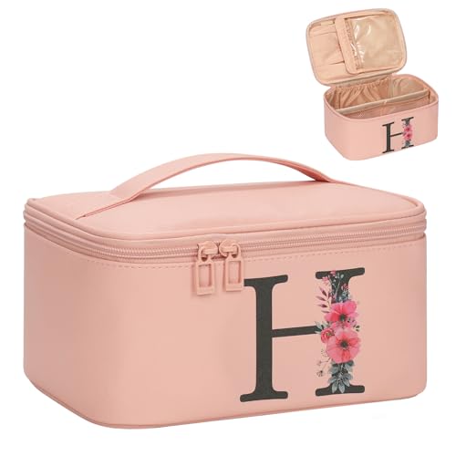 OCHEAL Initial Makeup Bag,Monogram Make up Bag Pink Travel Makeup Organizer Case Beauty Toiletry Cosmetic Bag with Brush Holder, Trendy Stuff Personalized Gifts for Women and Girls-H - color: Pink, style: H