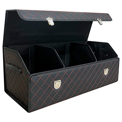 Car Trunk Organizer with Lid,Foldable Faux Leather Cargo Storage Box,3 Compartments,Collapsible Multi-Functional for SUV,Sedan,Vehicle Trunk - color: Black Red Grid, size: Large