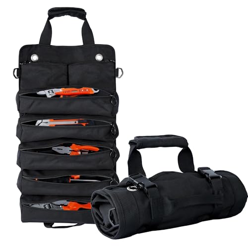Portable Foldable Roll Up Tool Bag, Heavy Duty Tool Organizer Bag with 5 Compartments & 2 Detachable Pouches for Tools Storage, Waterproof Tool Roll Bag for Dad Men Electrician Mechanic Gifts - color: black