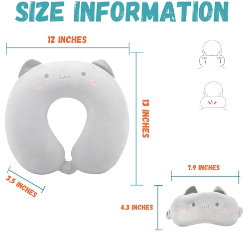 Kids Neck Pillow for Travel with Sleep Eye Mask, Cute Travel Neck Pillow, Memory Foam Flight Sleeping Headrest Pillow for Boys & Girls, Airplane, Train, Car, Home Use - Grey Cat - color: Grey Cat