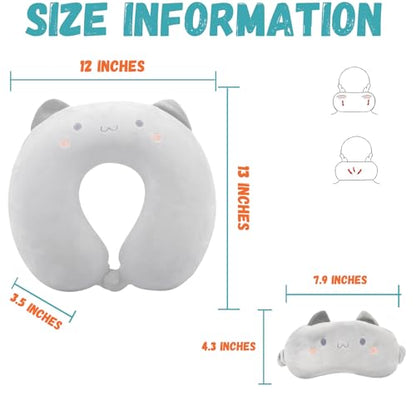 Kids Neck Pillow for Travel with Sleep Eye Mask, Cute Travel Neck Pillow, Memory Foam Flight Sleeping Headrest Pillow for Boys & Girls, Airplane, Train, Car, Home Use - Grey Cat - color: Grey Cat